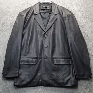 Exit USA Leather Blazer Jacket Men L Black Peak Lapel Vented Single Breasted EUC